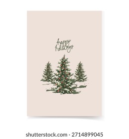 Template card with a picture of three trees with red and green ornaments on them on beige background