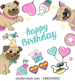 Template card with pug dogs for Happy Biirthday