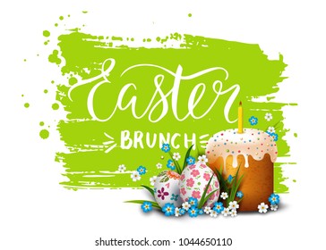 Template card with realistic decorated 3D eggs, flowers and cake. Vector background. Handwriting inscription easter brunch. Lettering, calligraphy.