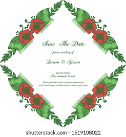 Template of card save the date, with decoration of red flower frame and green leaves. Vector