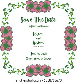 Template of card save the date with design of pink wreath frame. Vector
