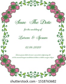 Template of card save the date with design of pink wreath frame. Vector