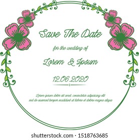 Template of card save the date with design of pink wreath frame. Vector