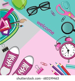 Template card with school items. Alarm clock, apple, glasses, sneakers, backpack