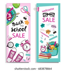 Template card with school items. Sale banner