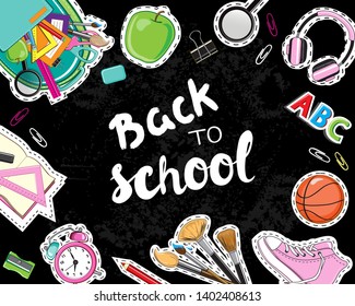 Template card with school subjects stationery banner on a black background