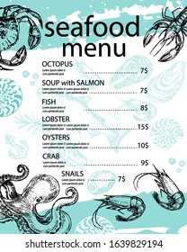 Template card seafood menu for cafes and restaurants with hand drawn sketch illustration seafood on a white background