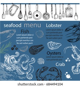 Template card seafood menu hand drawn sketch illustration on a blue background