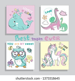 Template card a set of cute animals with children whales, unicorns, owls, dinosaurs for Mother's Day
