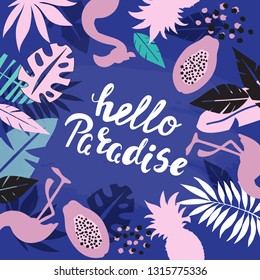 Template card with tropical leaves, pink flamingo and pink papaya on a blue background