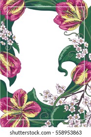 Template of card with tulip and sakura frame and place for your text