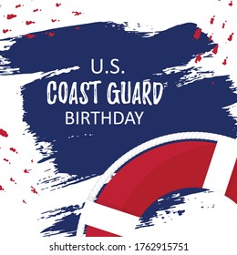 Template card with US Coast Guard Birthday on brush paint ink. Flat lifebuoy with white rope. Concept vector illustration background