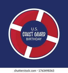 Template card with US Coast Guard Birthday with flat lifebuoy with white rope. Concept vector illustration background