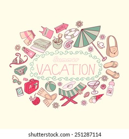 Template for card of vacation. Summer card. Summer holiday doodle background. 