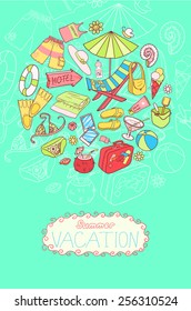 Template for card of vacation. Summer card. Summer holiday doodle background. 