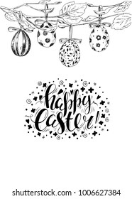 Template card. Vector handwritten inscription Happy Easter. Modern ink calligraphy. Vintage background witn engraving. Sketch. Black and white. Decorated eggs hang on a tree.