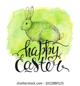 Template card. Vector handwritten inscription Happy Easter. Modern ink calligraphy. Black and white. Vintage background with engraving bunny. Isolated Sketch. Green watercolor background.