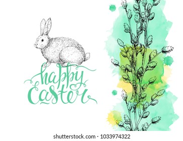 Template card. Vector handwritten inscription Happy Easter on Russian. Modern ink calligraphy. Black and white. Vintage background witn engraving willow twigs and bunny. Sketch. Watercolor 