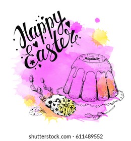 Template card. Vector handwritten inscription Happy Easter. Modern ink calligraphy. Vintage background with engraving willow branches, feather, cake and decorated eggs. Sketch. Watercolor pink stain.