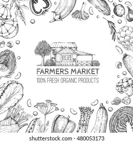 Template card. Vintage logo with farm house. Hand drawn vegetables in style engraving. Food vector background. Farmers market. Natural vegetarian eco product.