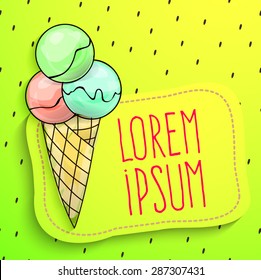 Template card with watercolor ice cream on a lush background with seeds of berries. Sticker with place for text