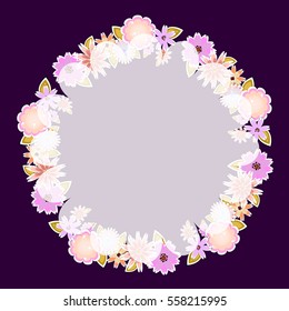 template for card, wedding,party invitation, postcard,empty round frame with flowers