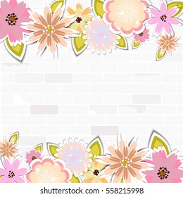 template for card, wedding,party invitation, postcard,empty white brick background with floral borders