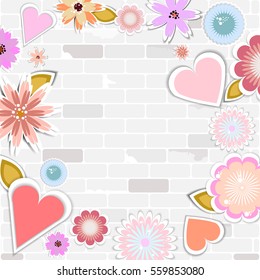 template for card, wedding,party invitation, postcard,empty white frame with brick background with flowers and hearts