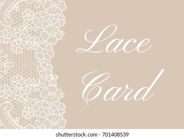 Template of card with white lace border on beige background