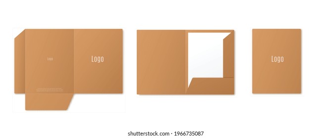 Template of cardboard blank open and closed folder for paper with place for corporate design and logo on cover. Stationery for business office. Realistic 3d vector illustration.