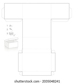 Plantilla de caja de cartón con tapa que se puede abrir, modelo de papel simple. Cortar, doblar y pegarlo. Ilustración vectorial.
