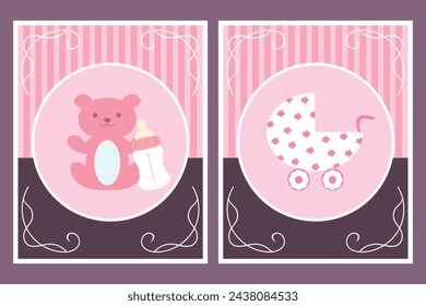 Tarjetas de plantilla con cochecito de bebé y osito de peluche para niña. Para baby shower o tarjeta de felicitación. Ilustración de vector