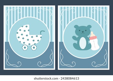 Template cards with baby carriage and teddy bear for boy. For baby shower or greeting card. Vector illustration