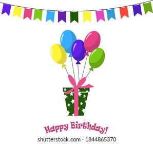 Template cards for the birthday greetings. Vector illustration with gifts, balloons and flags.