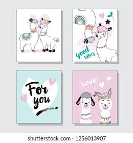 Template cards with a cute llama, hearts and the inscription good vibes for Valentines Day