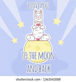 Template cards with a cute llama, hearts and the inscription i love you to the moon and back