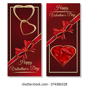 Template cards with hearts, ribbon, bow and greeting inscription. Greeting inscription - Happy Valentine's Day. Couple of golden hearts. Dark red vector valentines background.