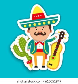 Template cards for the holiday. Vector illustration of mexican, guitar and cacti.