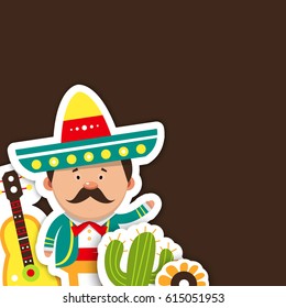 Template cards for the holiday. Vector illustration of mexican, guitar, cacti, and flowers.