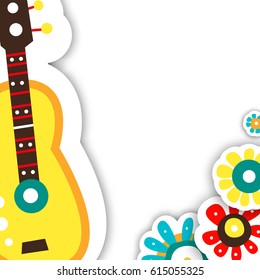 Template cards for the holiday. Vector illustration of a Mexican with a guitar and flowers on a white background.