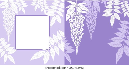 Template for cards, invitations, decoration of weddings and other events and holidays with silhouettes of hanging flowers and wisteria leaves. Vector illustration in white and lilac colors.