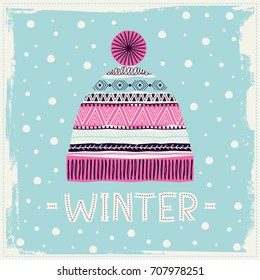 Template of cards and invitations with knitted hat. Freehand drawing. Can be used for scrapbook, postcards, print, etc.