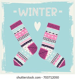 Template of cards and invitations with knitted socks. Freehand drawing. Can be used for scrapbook, postcards, print, etc.