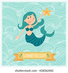 Template cards and invitations with a mermaid. Freehand drawing