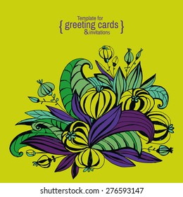 Template for cards, invitations, posters, brochures or banners. Hand-drawing fancy flowers with leaves.
