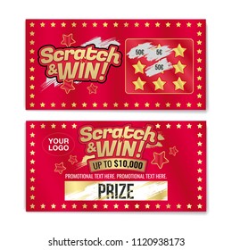 Template cards with scratch & win letters. Golden colors letters. CMYK colors. Place for prize. Vector illustration.