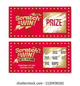 Template cards with scratch & win letters. Golden colors letters. CMYK colors. Place for prize. Vector illustration.