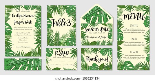 Template cards set with watercolor various palm leaves; wedding design for invitation, Rsvp, menu, table number thank you, save the date guest card & label set
