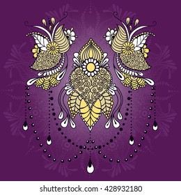 Template for cards or tattoo design with mehndi elements. Floral ornament with circular ornament on the background. Islam, arabic, indian, ottoman motifs. Colorful vector illustration.