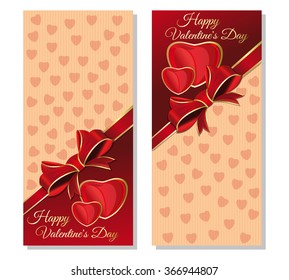 Template cards for Valentine's Day. Festive background with hearts, ribbon and bows for Valentine's Day. Vector illustration.